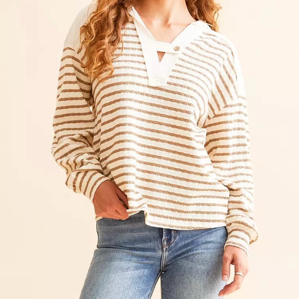 BKE V-Neck Sweater - Cream and Tan Stripes